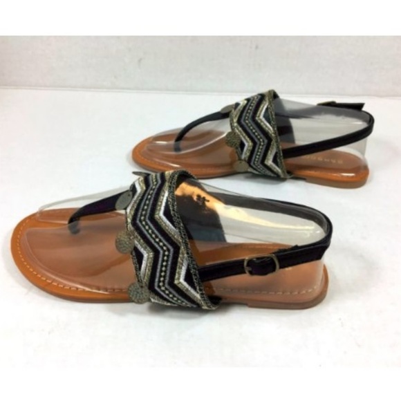 Womens Boho Chevron Embroidered T-Strap Sandal 6.5 Black Gold with Charms - Picture 3 of 8